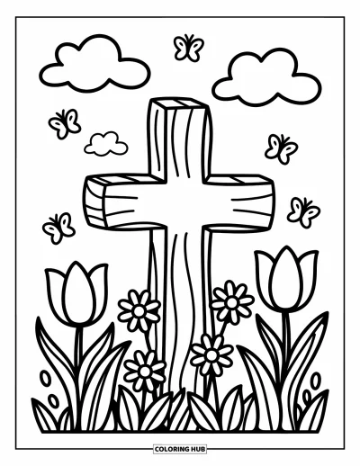 Dibujo de cruces para colorear para adultos: Una cruz de madera en un campo de tulipanes y margaritas con mariposas y nubes