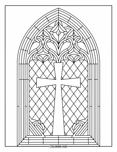 Dibujo de cruces para colorear para adultos: Una cruz de madera frente a un arco gótico de vitral con diamantes y triángulos
