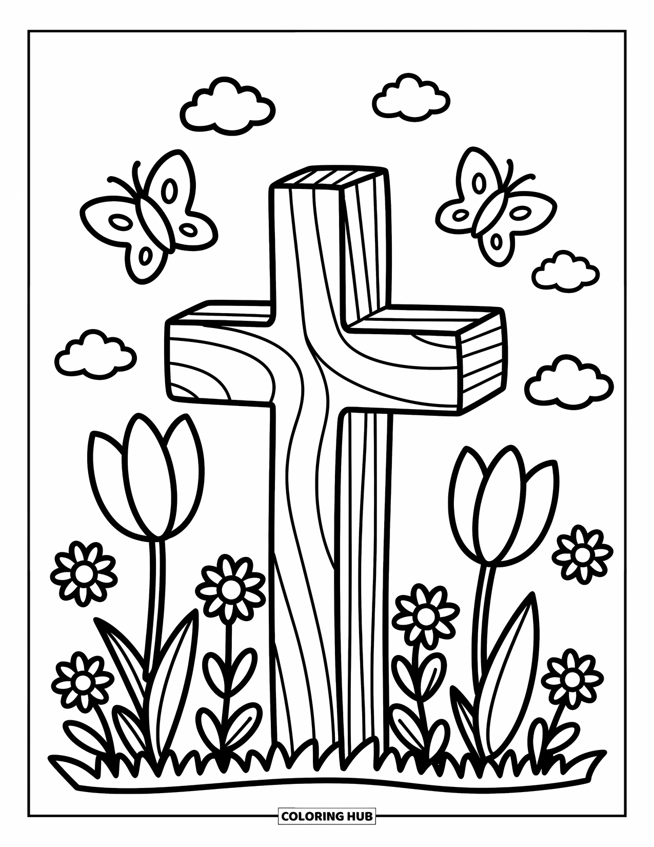 Cross Coloring Page for Adults: A wooden cross surrounded by flowers, butterflies, and tiny fluffy clouds