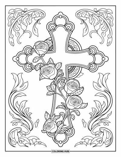 Dibujo de cruces para colorear para adultos: Una cruz ornamentada cubierta de rosas y espirales entre ricos patrones