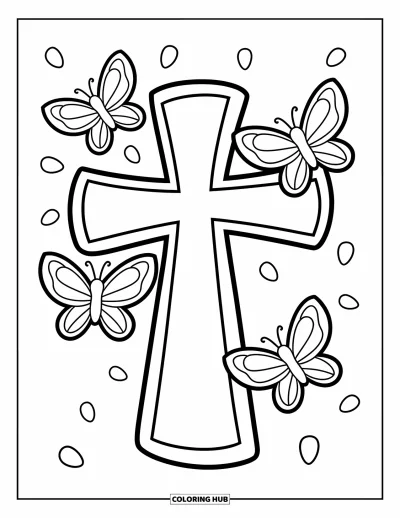 Dibujo de cruces para colorear para niños: Una gran cruz con cuatro mariposas y pétalos flotando a su alrededor