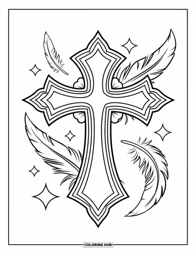 Dibujo de cruces para colorear para niños: Una cruz destacada rodeada de plumas flotantes y pequeñas estrellas
