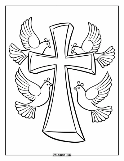 Dibujo de cruces para colorear para niños: Una cruz llamativa con palomas volando en un suave movimiento circular