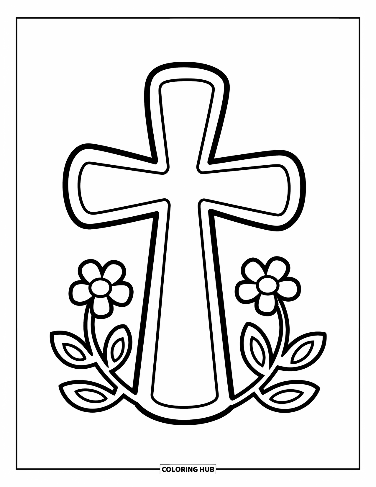 Cross Coloring Page for Kids: A bold cross with flower vines curling softly around the base