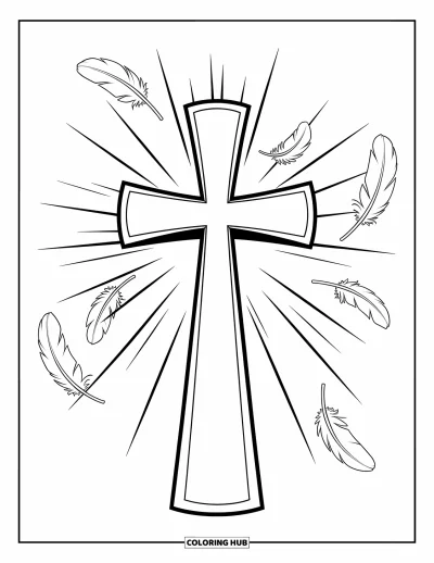 Dibujo de cruces para colorear para niños: Una cruz luminosa con rayos radiantes y plumas suaves flotando