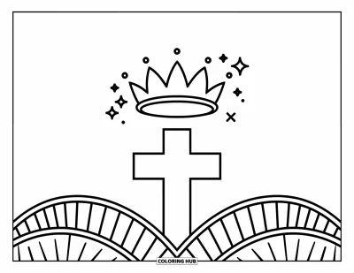 Dibujo de cruces para colorear para niños: Una cruz alegre con una corona y destellos brillantes