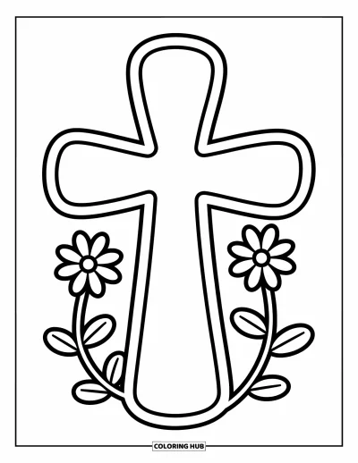 Dibujo de cruces para colorear para niños: Una cruz gruesa con enredaderas de flores que se curvan suavemente en la base