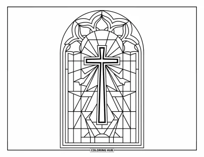 Dibujo de cruces para colorear para niños: Una ventana de iglesia enmarca una cruz con formas geométricas llamativas a su alrededor