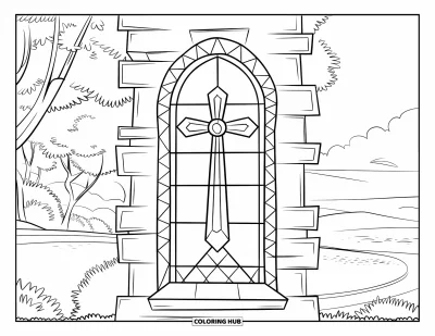 Dibujo de cruces para colorear para niños: Una ventana de iglesia con una cruz que da a árboles tranquilos y un sendero