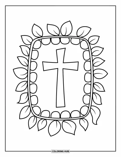 Dibujo de cruces para colorear para niños: Una cruz dentro de un marco de hojas con espirales y un borde grueso