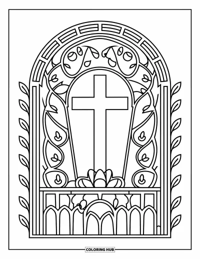 Dibujo de cruces para colorear para niños: Una cruz enmarcada por un arco cubierto de enredaderas con patrones de vitral