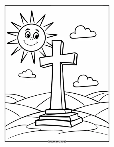 Dibujo de cruces para colorear para niños: Una cruz en una colina bajo un sol radiante y nubes esponjosas
