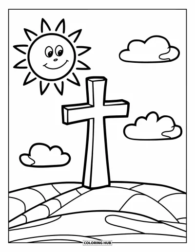 Dibujo de cruces para colorear para niños: Una cruz en una colina con un sol sonriente y tres nubes esponjosas