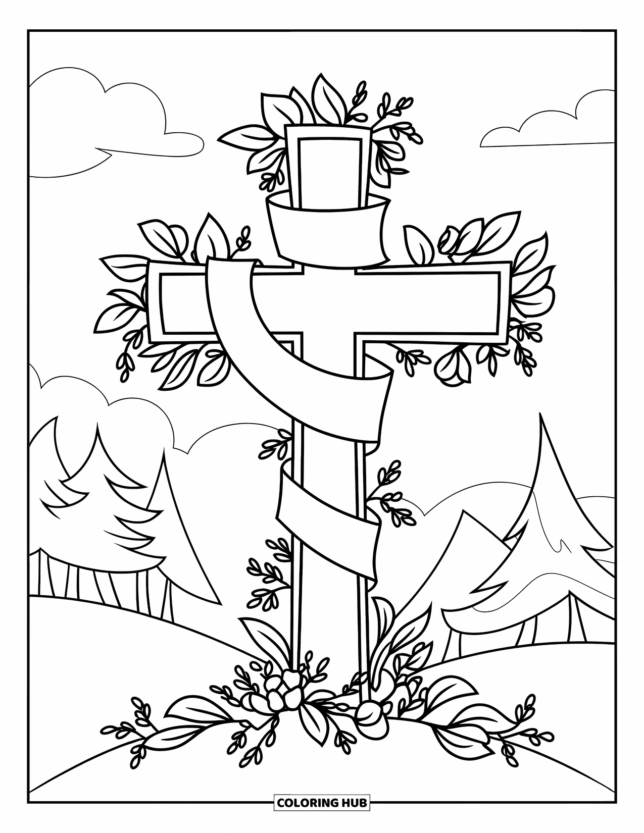 Cross Coloring Page for Kids: A cross on a hill wrapped with a banner and surrounded by flowers and leaves