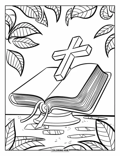 Dibujo de cruces para colorear para niños: Una cruz que surge de una Biblia sobre una piedra con hojas detalladas cerca