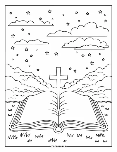 Dibujo de cruces para colorear para niños: Una cruz que surge de una Biblia abierta bajo nubes y un cielo nocturno estrellado