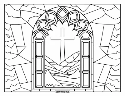 Dibujo de cruces para colorear para niños: Una cruz brilla a través de una vidriera con árboles en la distancia