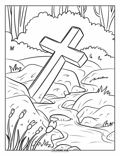 Dibujo de cruces para colorear para niños: Una cruz descansa tranquilamente junto a un arroyo en un exuberante entorno boscoso
