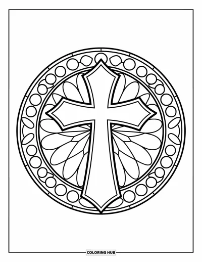 Dibujo de cruces para colorear para niños: Una cruz frente a un círculo de vidrio emplomado lleno de patrones