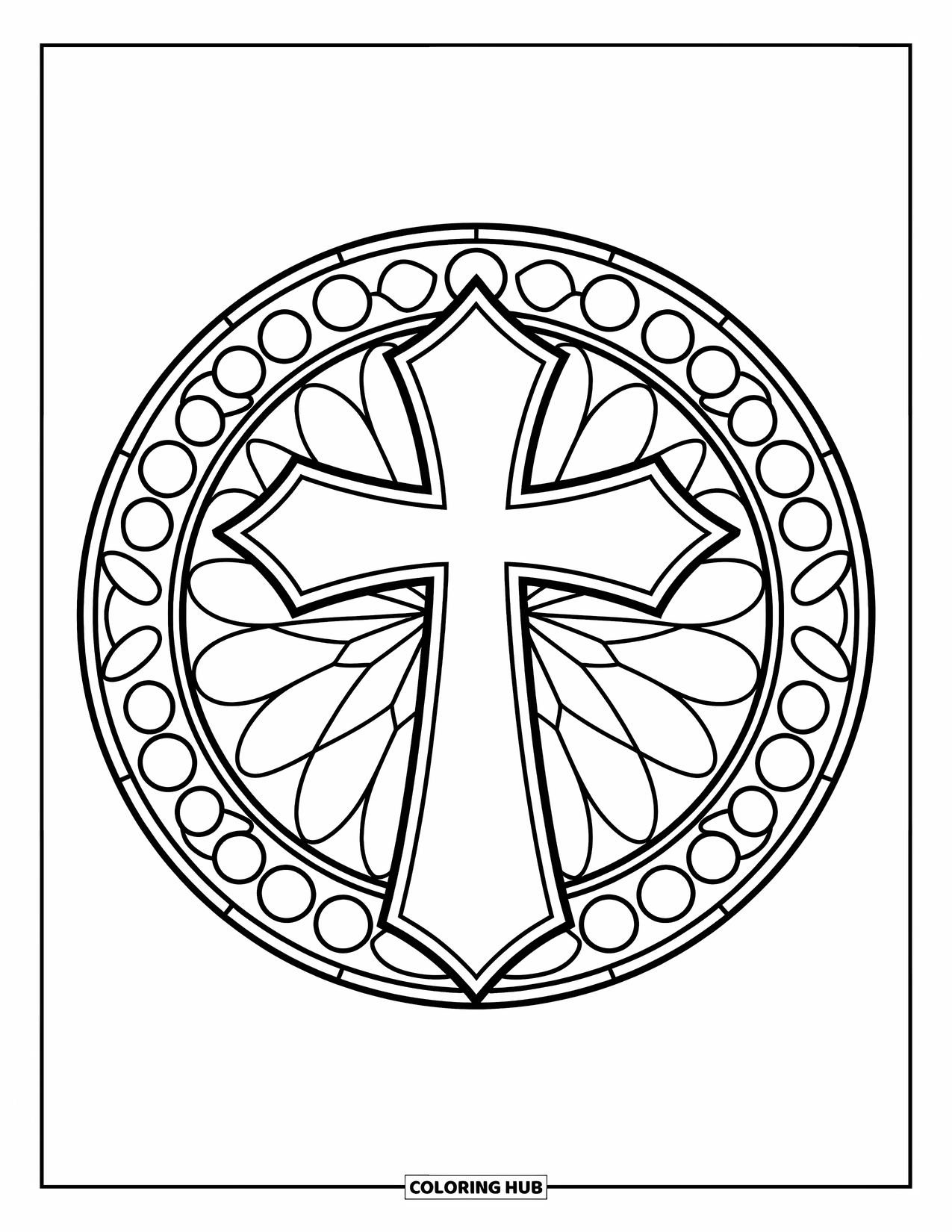 Cross Coloring Page for Kids: A cross stands before a stained-glass circle filled with patterns