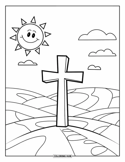 Dibujo de cruces para colorear para niños: Una cruz en una colina con un sol sonriente y nubes suaves