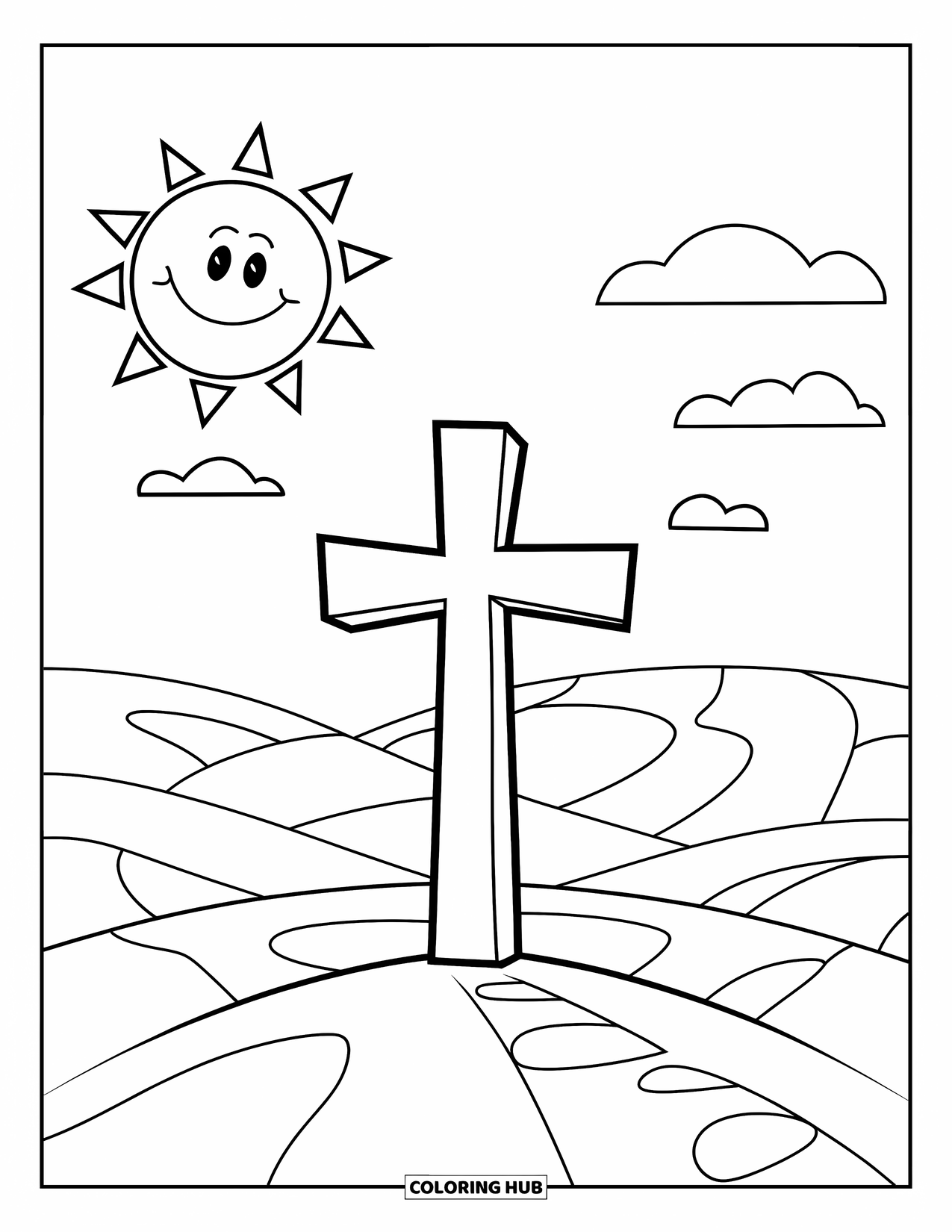 Cross Coloring Page for Kids: A cross stands on a hill with a smiling sun and gentle clouds