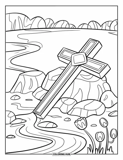Dibujo de cruces para colorear para niños: Una cruz sobre terreno rocoso con un arroyo serpenteante y árboles tranquilos