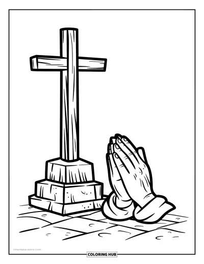 Dibujo de cruces para colorear para niños: Una cruz se alza junto a manos juntas en oración sobre bloques de piedra