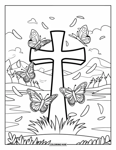 Dibujo de cruces para colorear para niños: Una cruz rodeada de mariposas y pétalos en una serena escena de montaña