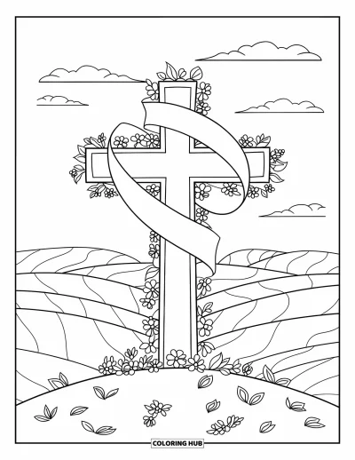 Dibujo de cruces para colorear para niños: Una cruz con una pancarta en una colina bajo un cielo nublado con una vista amplia y serena