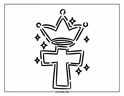 Dibujo de cruces para colorear para niños: Una cruz con una corona flotando encima y pequeños destellos a su alrededor