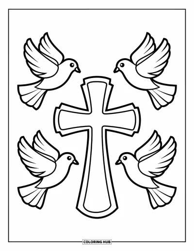 Dibujo de cruces para colorear para niños: Una cruz con cuatro palomas volando juguetonamente a su alrededor en círculo