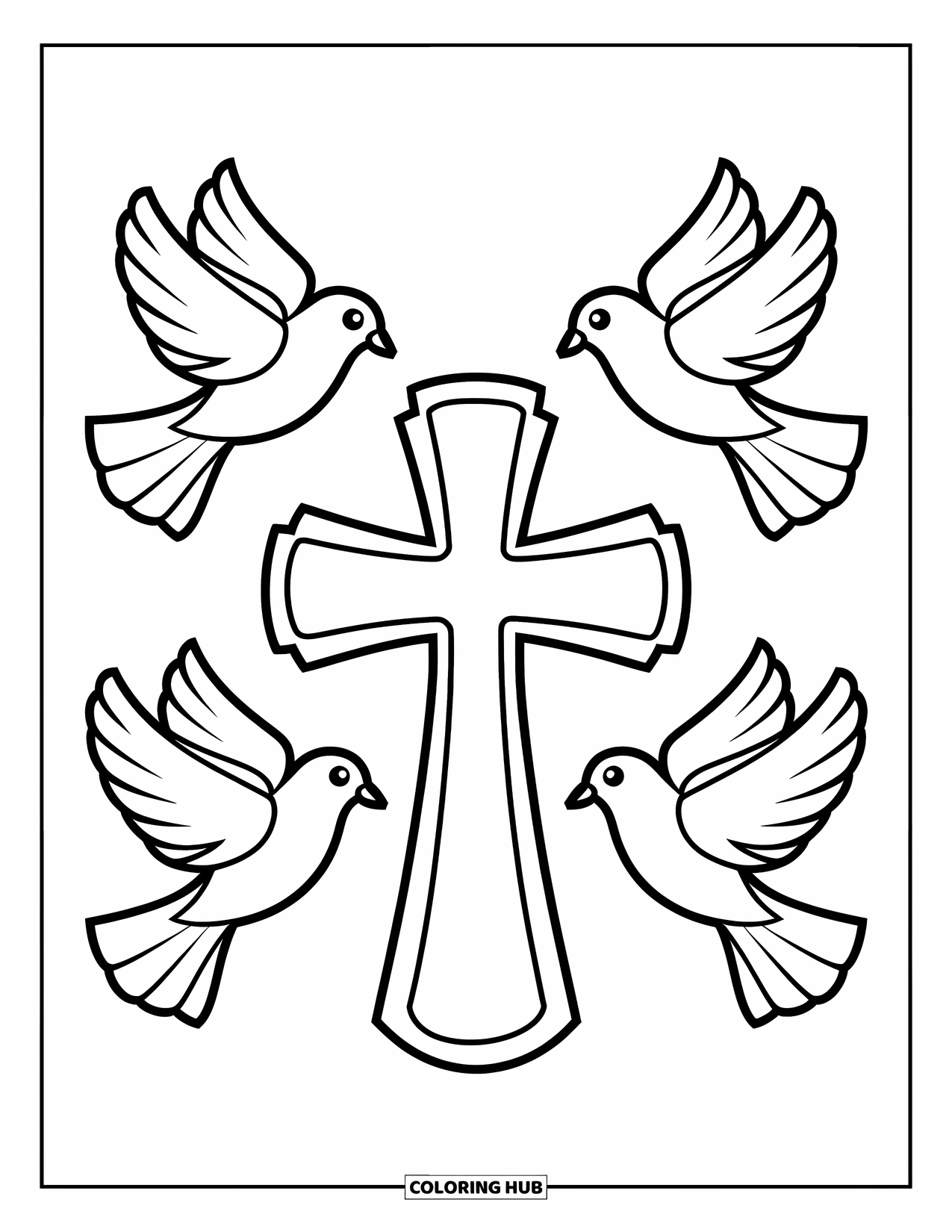 Cross Coloring Page for Kids: A cross with four doves flying playfully around it in a circle