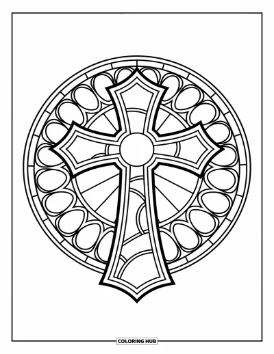 Dibujo de cruces para colorear para niños: Una cruz decorativa frente a un círculo de vidrio emplomado con patrones repetidos