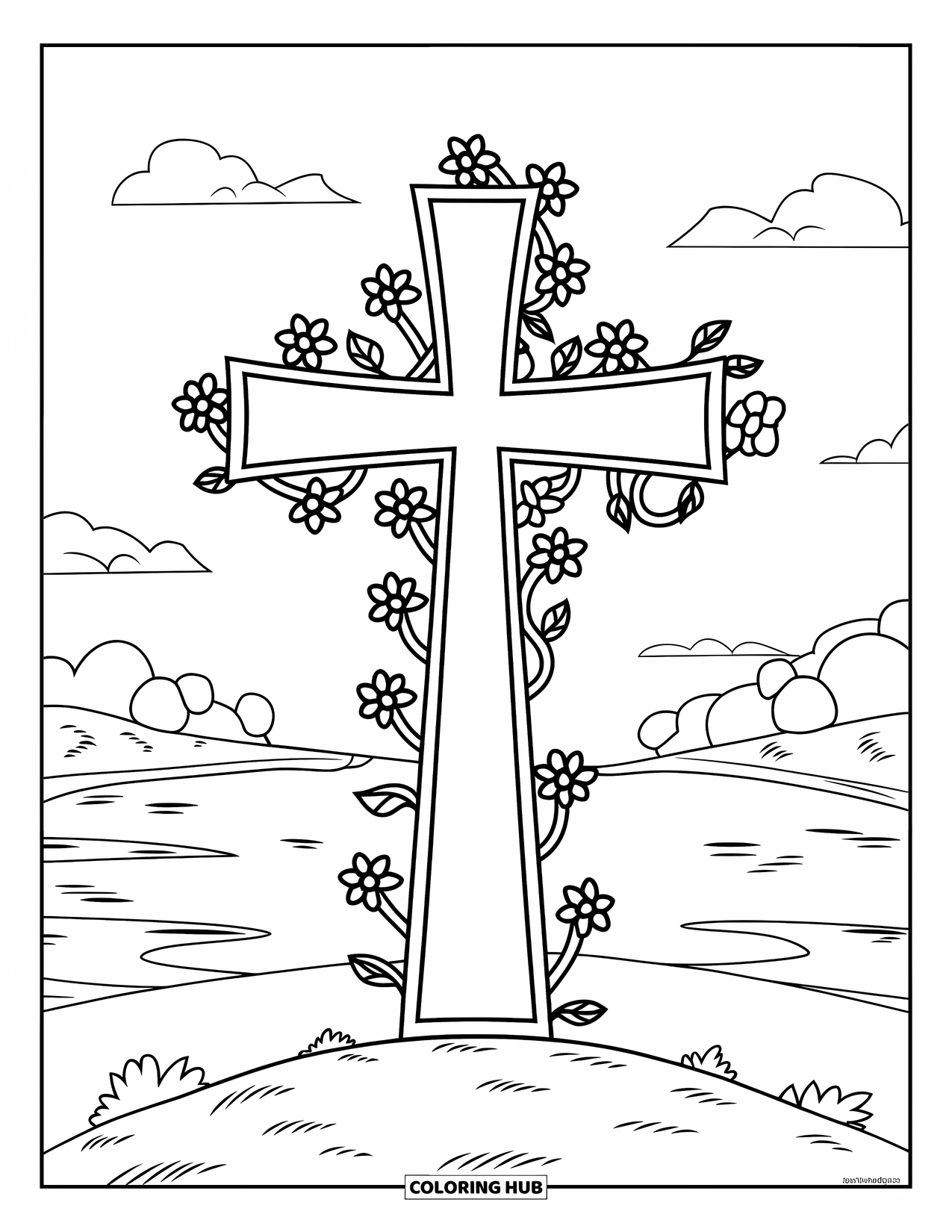 Cross Coloring Page for Kids: A floral cross on a hill beneath clouds in a quiet natural setting