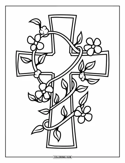 Dibujo de cruces para colorear para niños: Una cruz adornada con flores y líneas limpias sobre un fondo blanco
