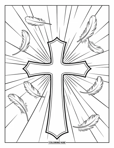 Dibujo de cruces para colorear para niños: Una cruz resplandeciente rodeada de rayos de luz y plumas delicadas