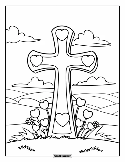 Dibujo de cruces para colorear para niños: Una colina verde con una cruz, corazones y nubes esponjosas arriba