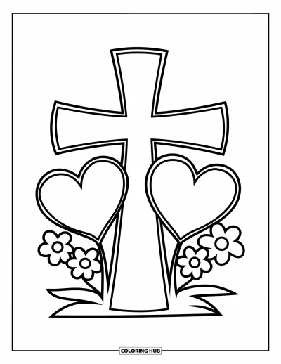 Dibujo de cruces para colorear para niños: Una cruz alegre con grandes corazones y pequeñas flores cerca