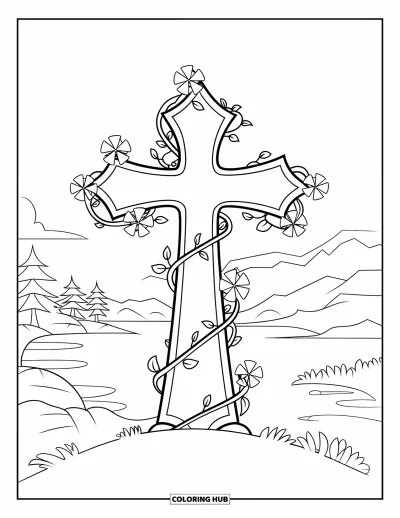 Dibujo de cruces para colorear para niños: Una cruz en una colina entretejida con flores en una escena tranquila de montaña y agua