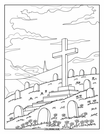 Dibujo de cruces para colorear para niños: Una gran cruz se alza en una colina salpicada de lápidas y flores