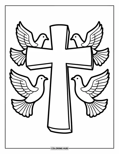 Dibujo de cruces para colorear para niños: Una gran cruz con cuatro palomas volando en círculo a su alrededor