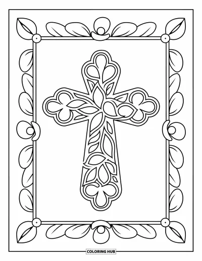 Dibujo de cruces para colorear para niños: Una cruz enmarcada por hojas en espiral centrada sobre un fondo blanco