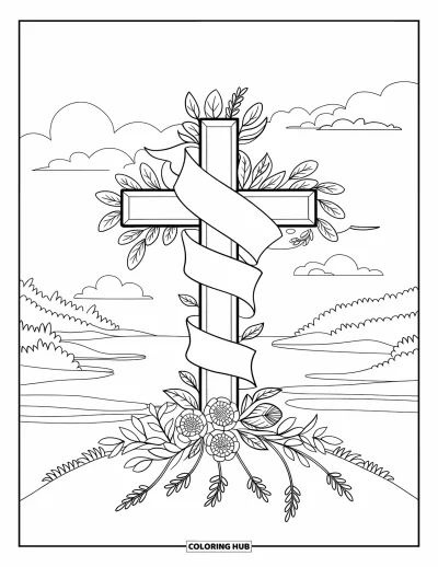 Dibujo de cruces para colorear para niños: Una escena de colina serena con una cruz, árboles, agua, nubes y una pancarta floral