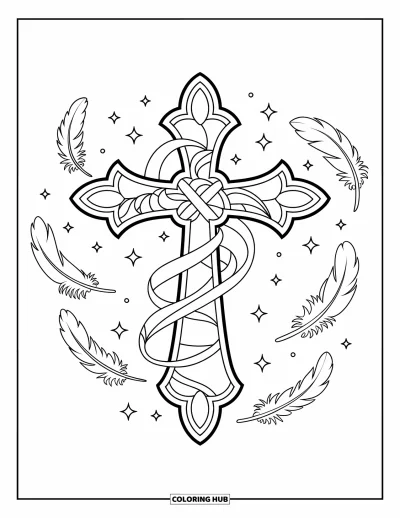 Dibujo de cruces para colorear para niños: Una cruz envuelta en cintas brilla entre plumas suaves y estrellas dispersas