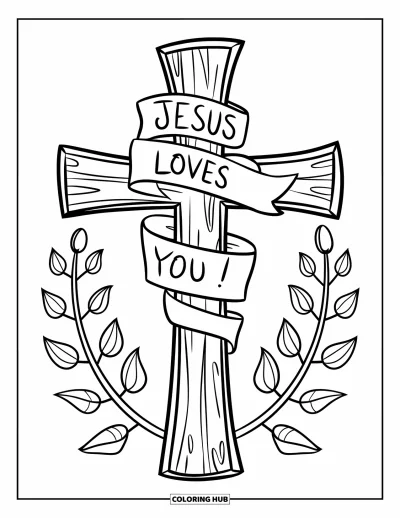 Dibujo de cruces para colorear para niños: Una cruz de madera con una pancarta que dice 
