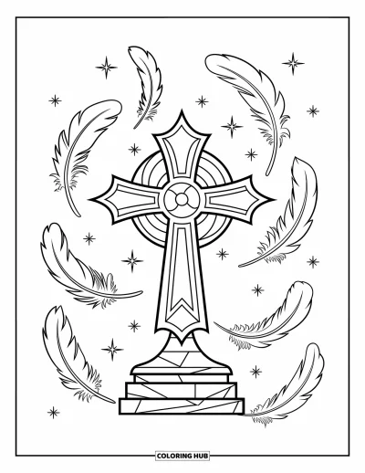 Dibujo de cruces para colorear para niños: Una base de piedra sostiene una cruz detallada con plumas y estrellas dispersas