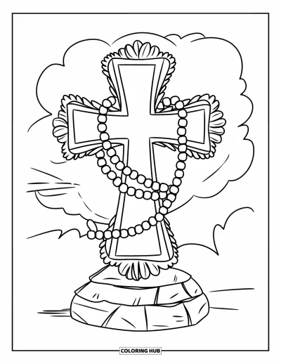 Dibujo de cruces para colorear para niños: Una base de piedra sostiene una cruz envuelta en un rosario con nubes en el cielo