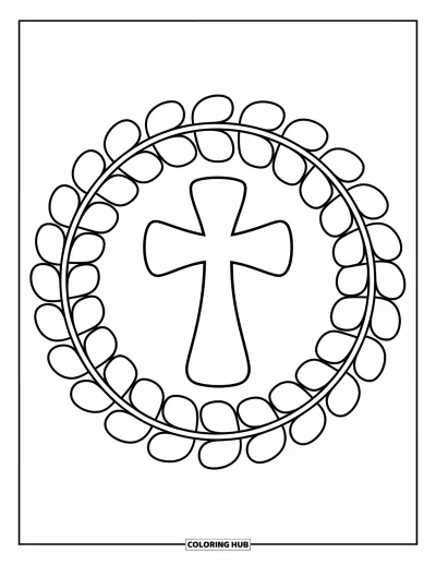 Dibujo de cruces para colorear para niños: Un marco de hojas con espirales y formas redondas alrededor de una cruz central