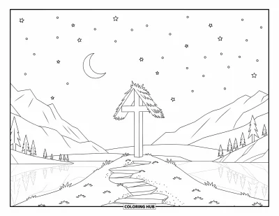 Dibujo de cruces para colorear para niños: Una cruz de paja contempla un lago desde una colina bajo cielos estrellados